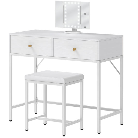 SUPERJARE Vanity Desk, Makeup Vanity with Stool & Tri-fold Lighted Mirror, Vanity Table Set with 2 Large Drawers - White, 7931W