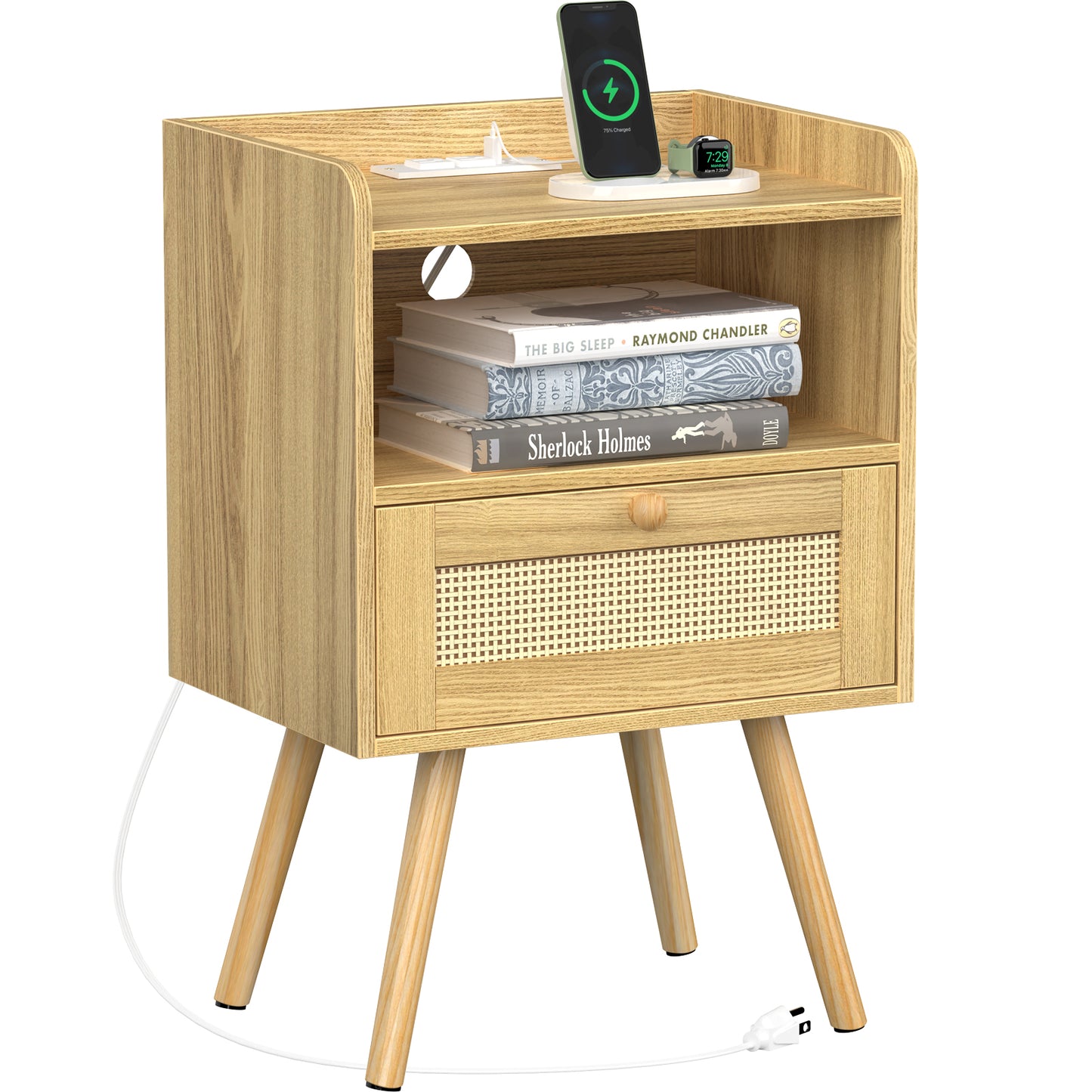 SUPERJARE Nightstand with Charging Station & Rattan-Like Decor Drawer, Solid Wood Feet - Teak, 8621TC