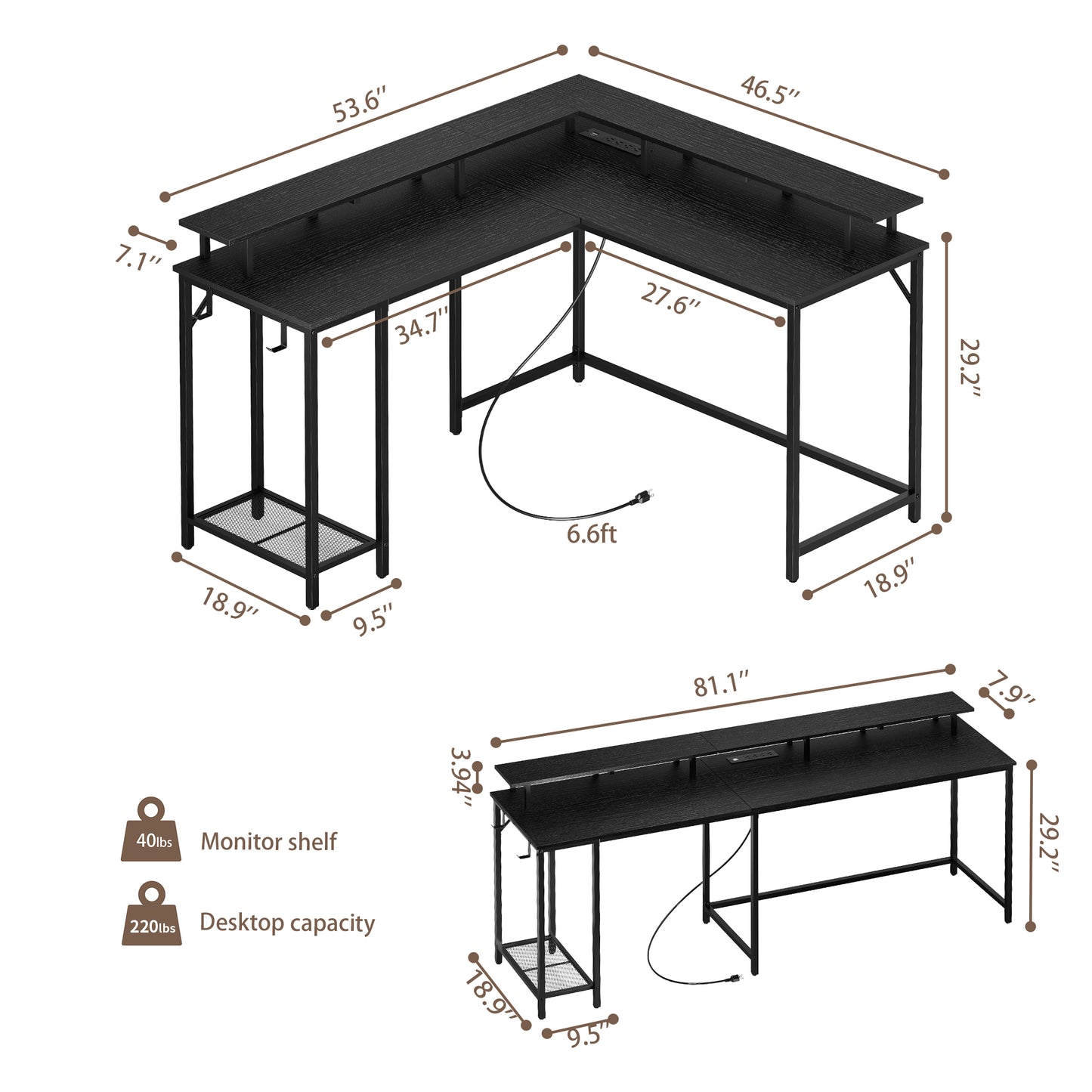 SUPERJARE L Shaped Computer Desk with Power Outlets & LED Strips, Reversible Corner Desk, 7933BC