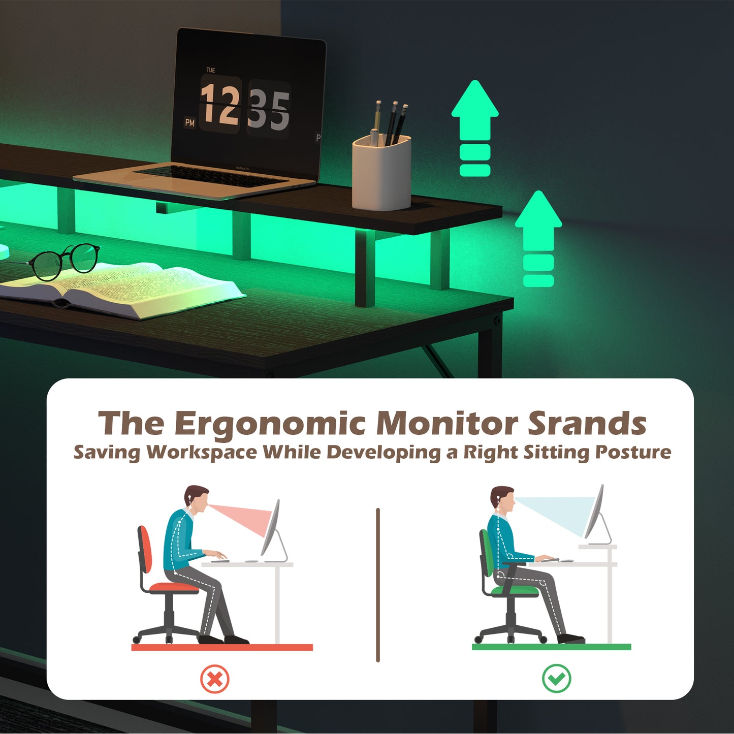 SUPERJARE L Shaped Computer Desk with Power Outlets & LED Strips, Reversible Corner Desk, 7933BC