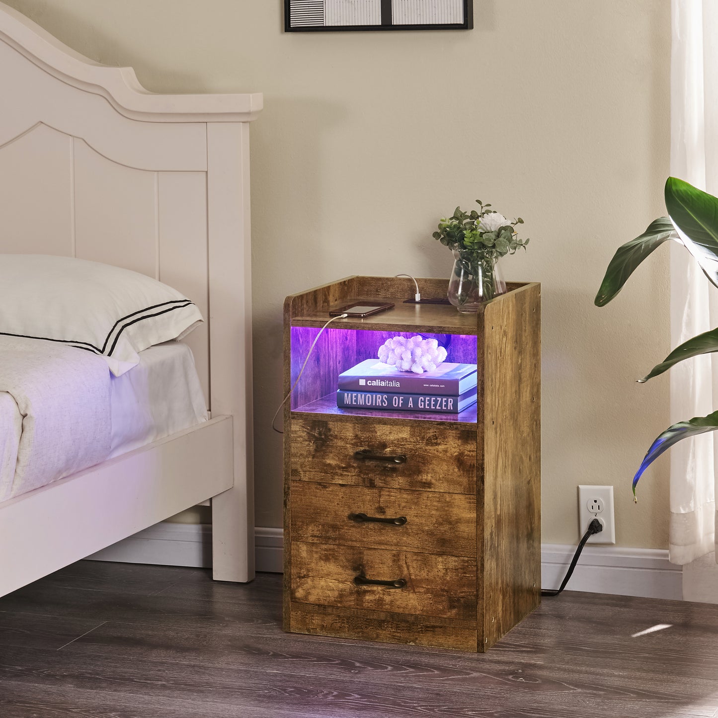 SUPERJARE Nightstand with Charging Station and LED Lights, 8617FC