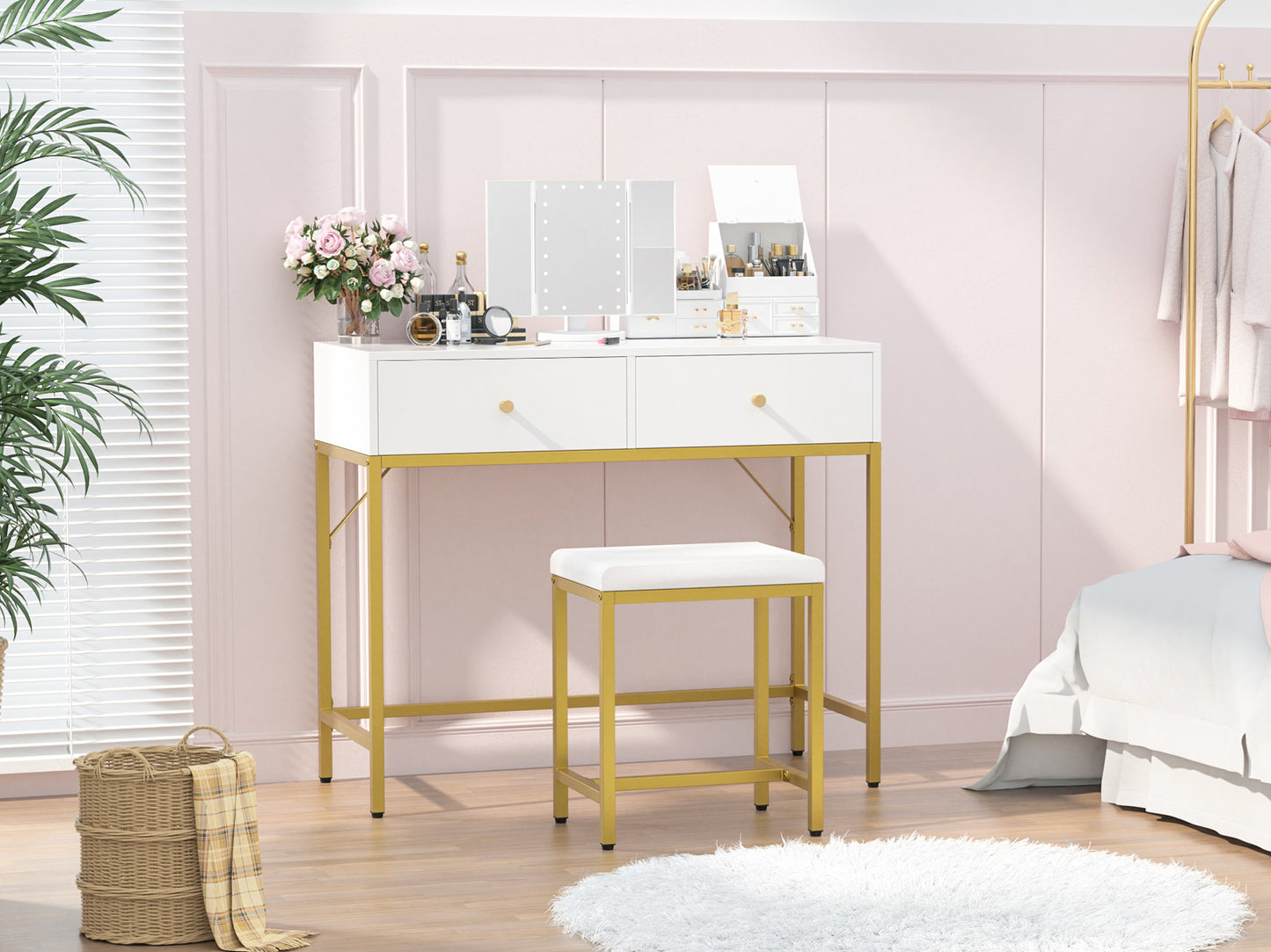 SUPERJARE Vanity Set with Stool & Tri-fold Lighted Mirror for Girls, Women - White and Gold 7931G