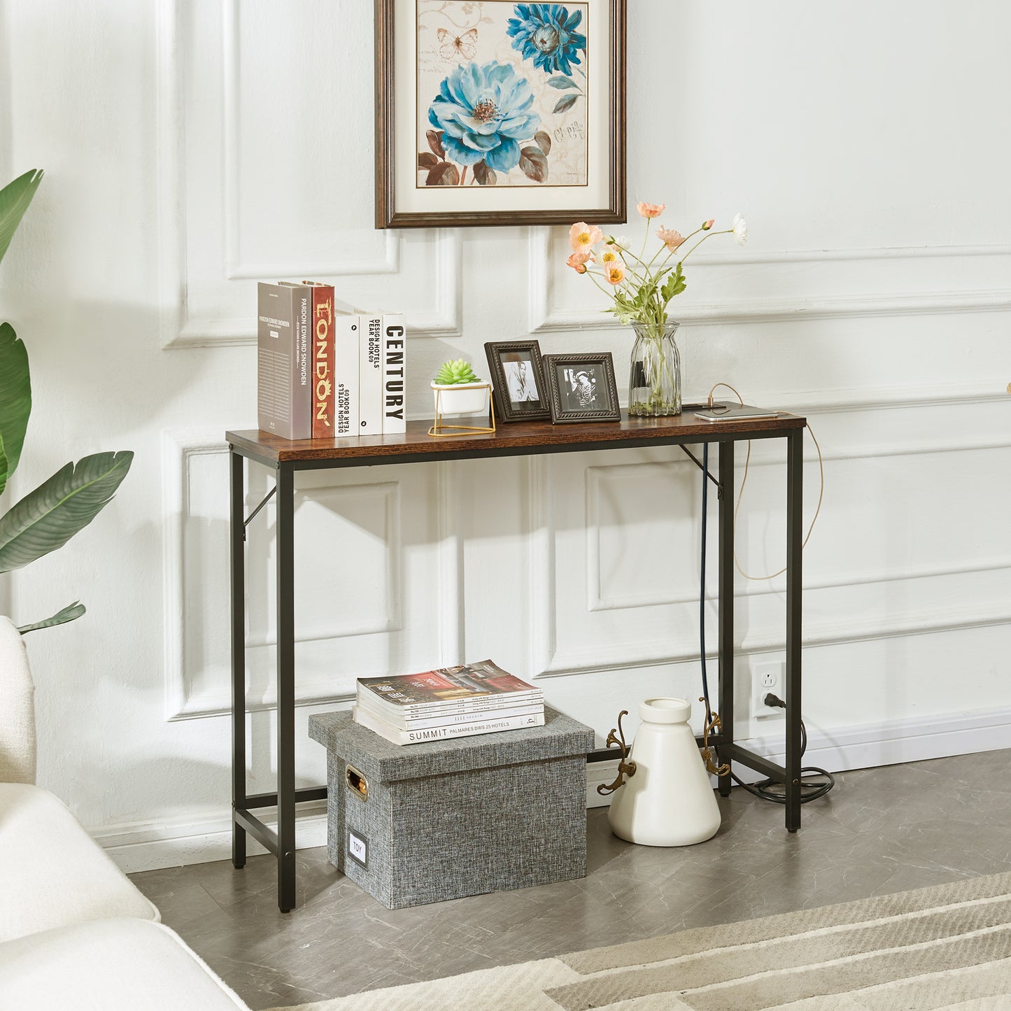 SUPERJARE Console Table with Power Outlets & USB Ports - Rustic Brown, 7925FC
