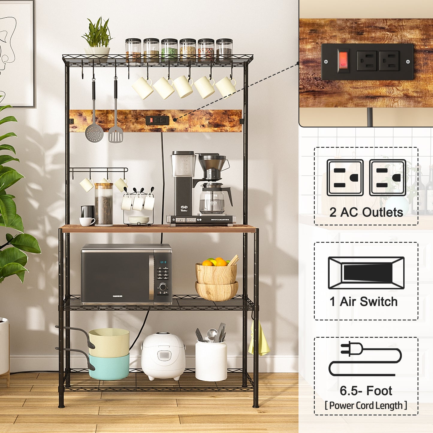 SUPERJARE Bakers Rack with Power Outlets, Height Adjustable, 4-tier, 10 S-shaped Hooks, 360° Hanging Strip, Coffee Bar Station - Rustic Brown 80924ZC