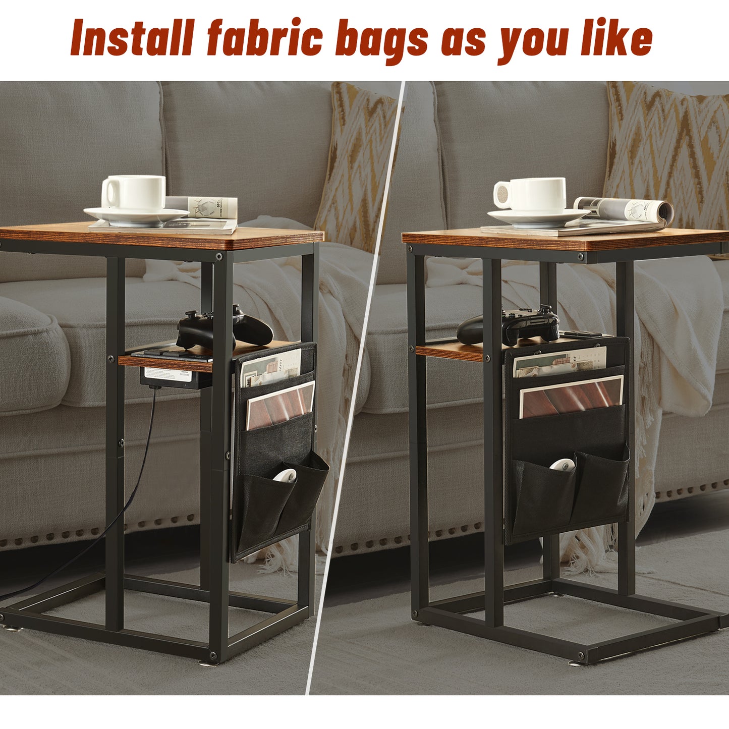 SUPERJARE Side Table with Charging Station Set of 2, Furniture of Metal - Rustic Brown, 8615FC
