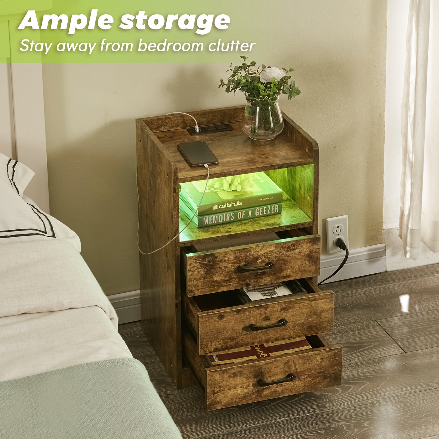 SUPERJARE Nightstand with Charging Station and LED Lights, 8617FC