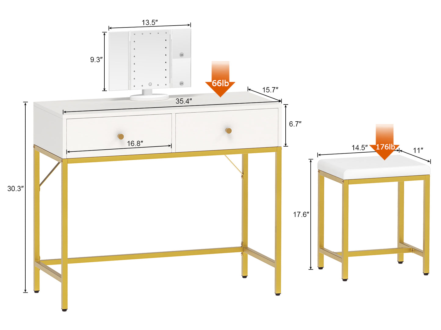 SUPERJARE Vanity Set with Stool & Tri-fold Lighted Mirror for Girls, Women - White and Gold 7931G