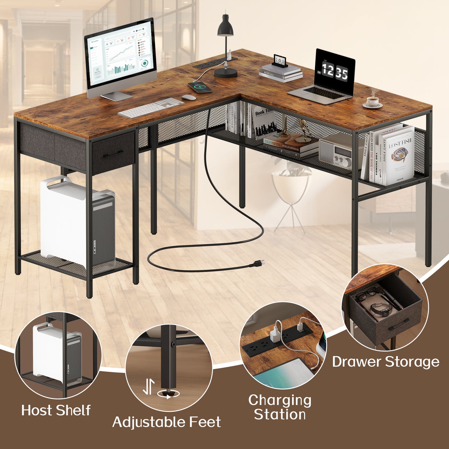 SUPERJARE L Shaped Desk with Power Outlets, Computer Desk with Drawer, Reversible Corner Desk with Grid Storage Bookshelf, Rustic Brown 7937ZC