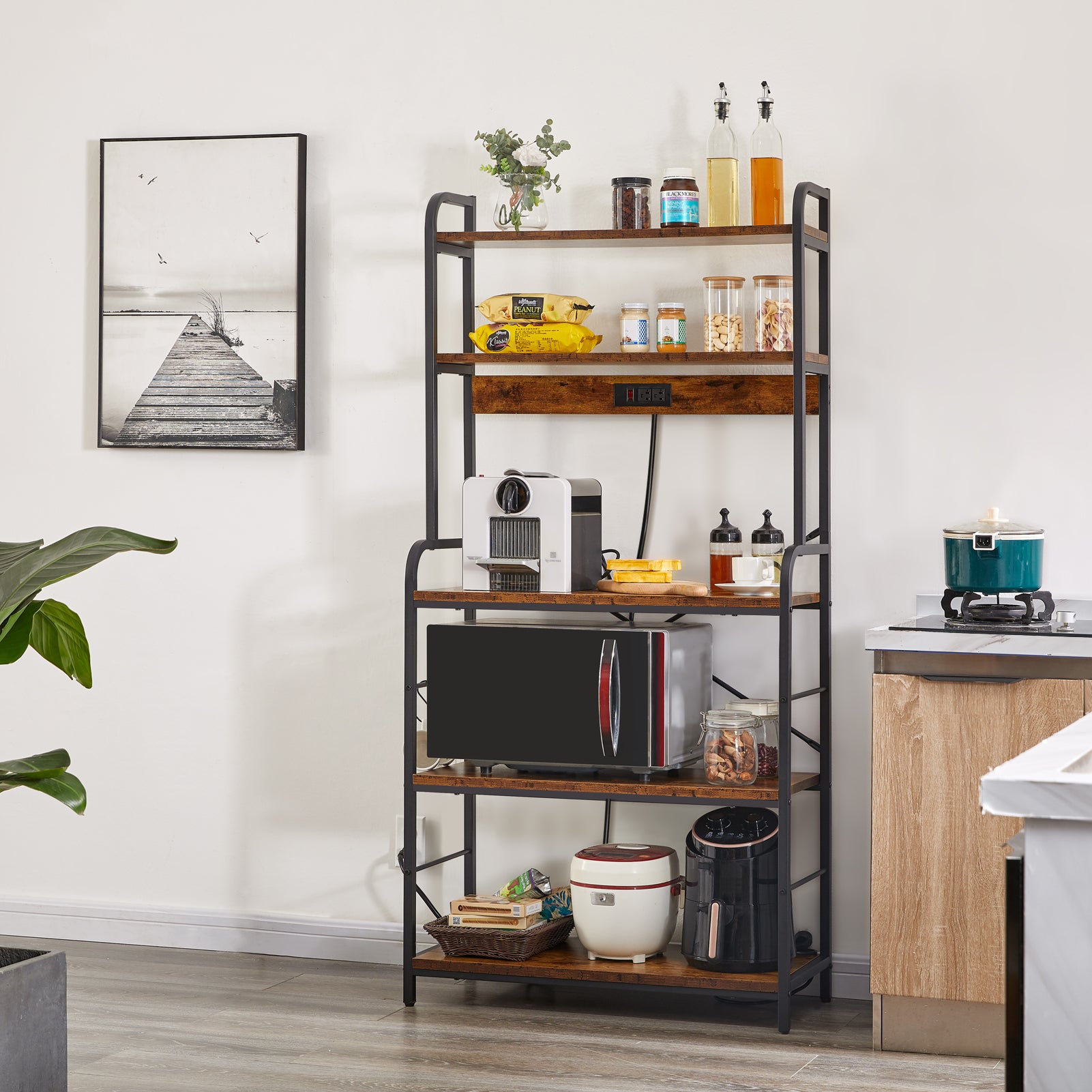 SUPERJARE Kitchen Bakers Rack with Power Outlet - Rustic Brown, 80922F