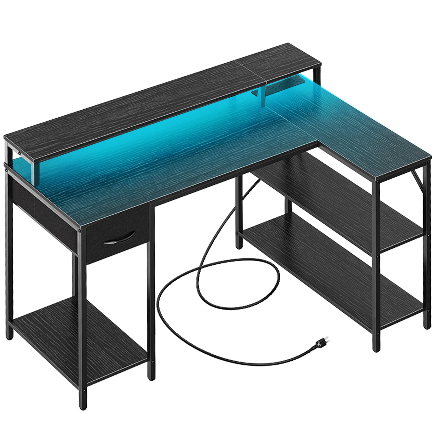 SUPERJARE L Shaped Computer Desk with Power Outlets & LED Strips, Black, 7935BC