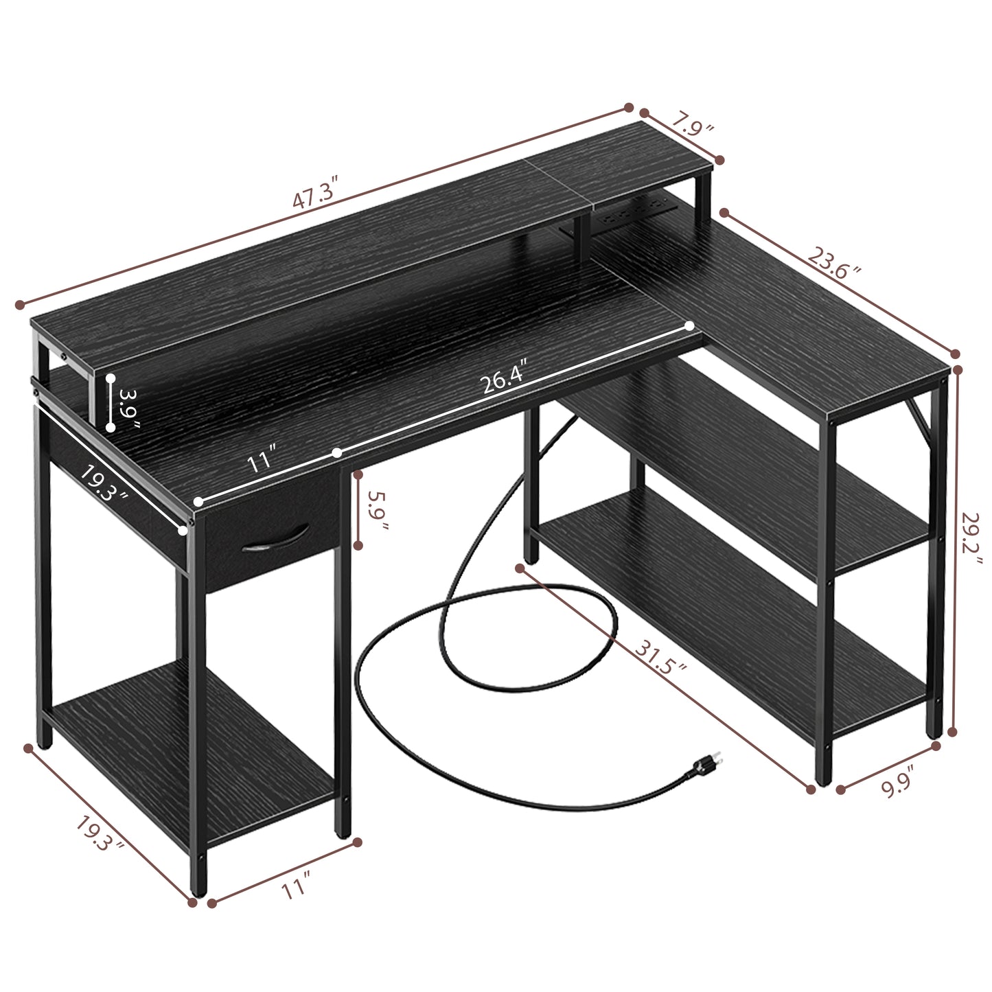 SUPERJARE L Shaped Computer Desk with Power Outlets & LED Strips, Black, 7935BC