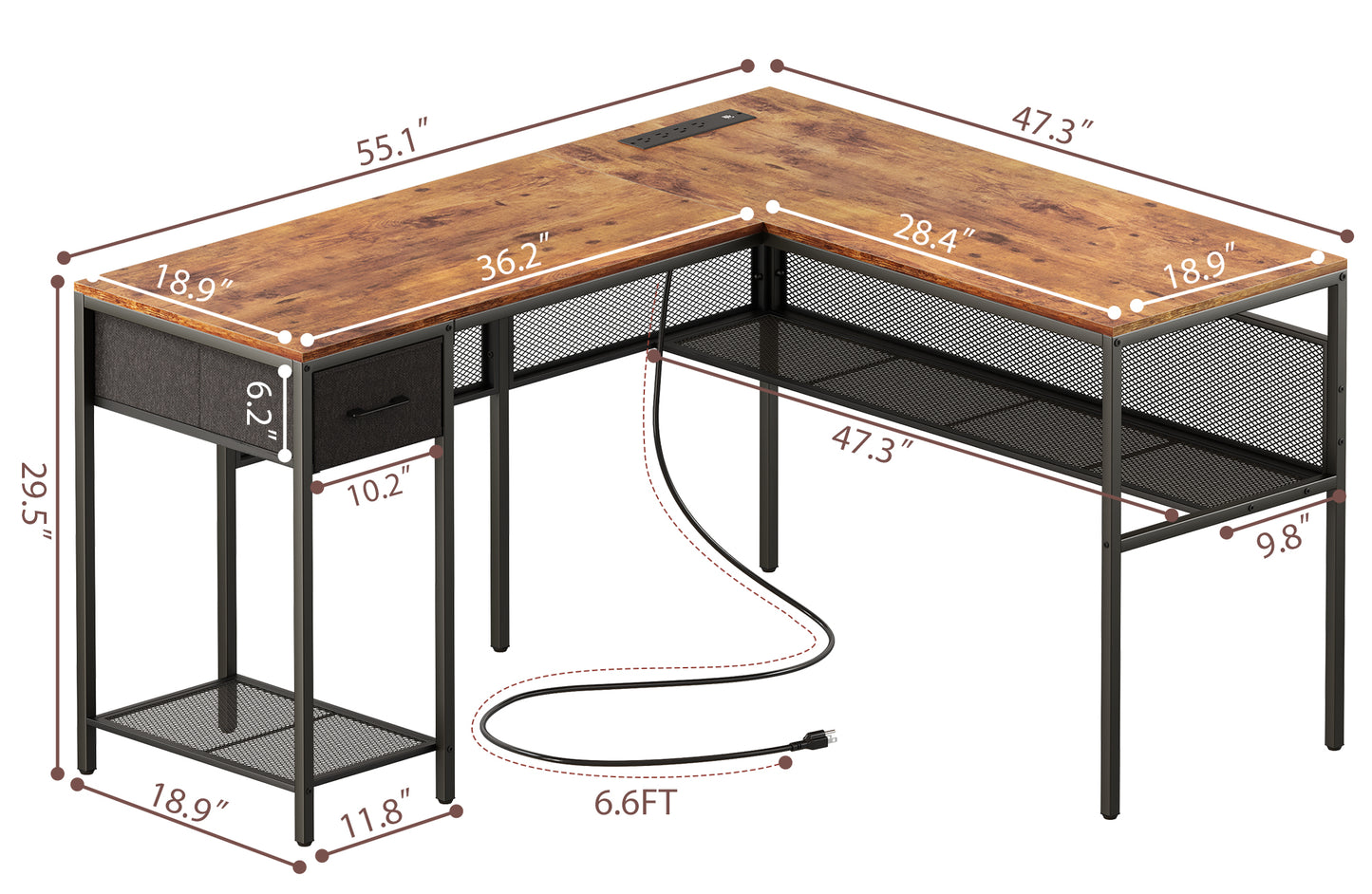 SUPERJARE L Shaped Desk with Power Outlets, Computer Desk with Drawer, Reversible Corner Desk with Grid Storage Bookshelf, Rustic Brown 7937ZC